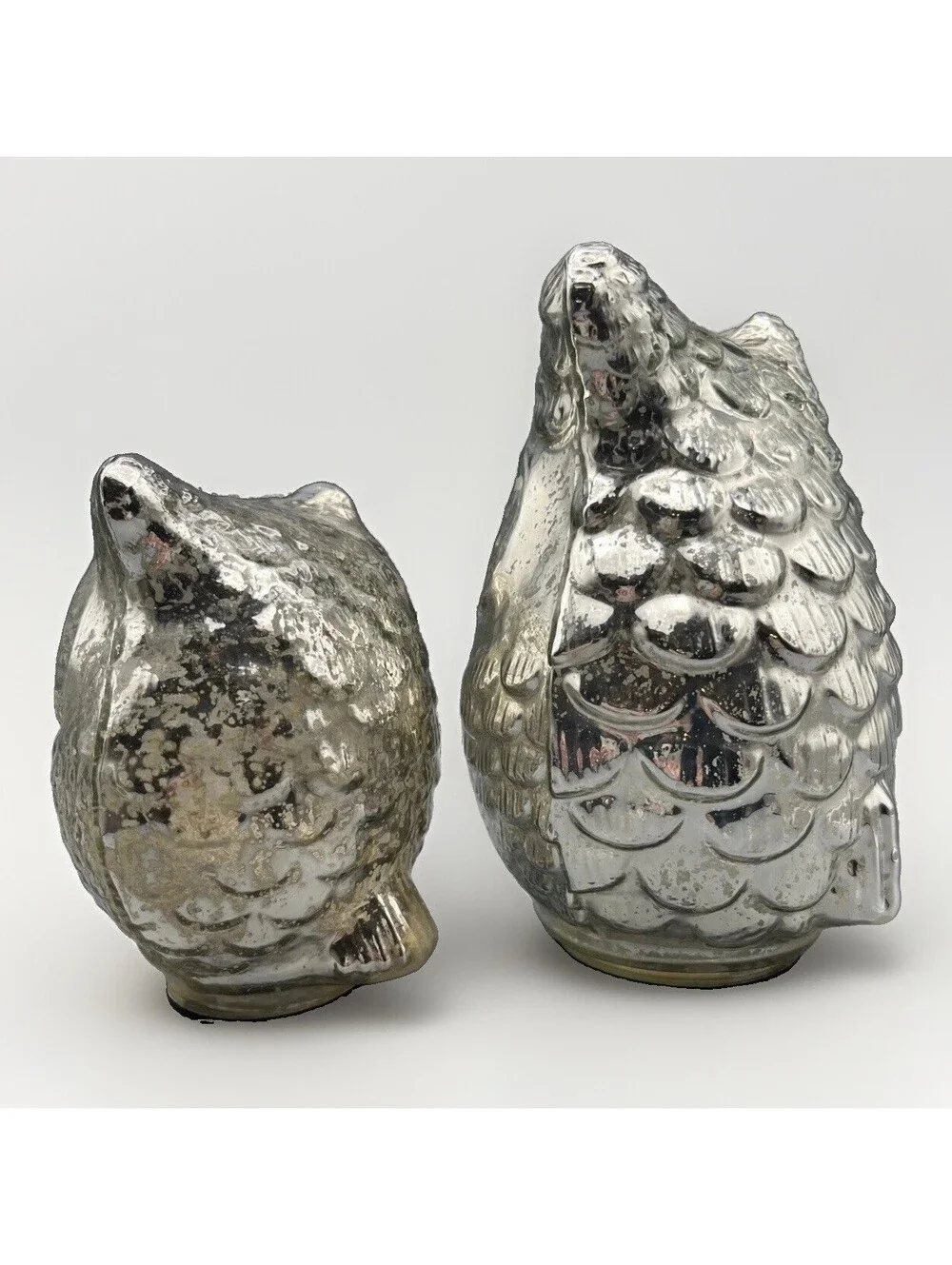 West Elm Mercury Glass Owl Pair Silver Vintage Style Woodland Home Decor Set